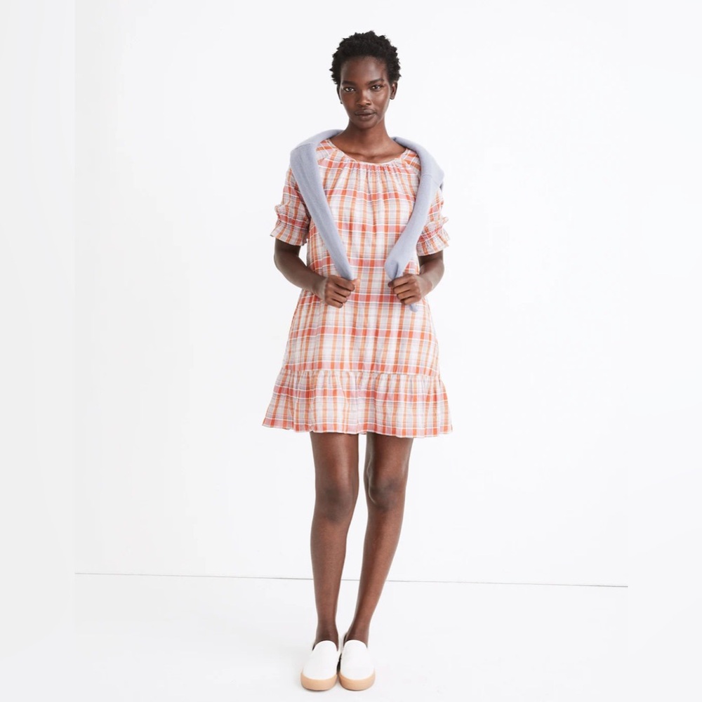 Madewell Plaid Ruffle Sleeve Popover Mini Dress Size Small